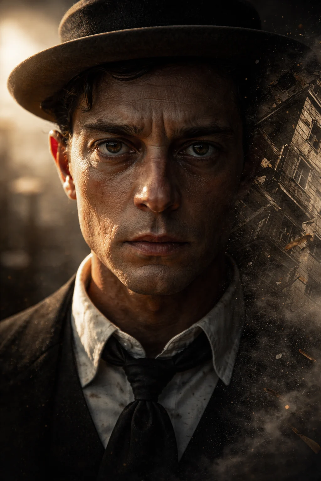 Buster Keaton frente a una cámara de cine mudo