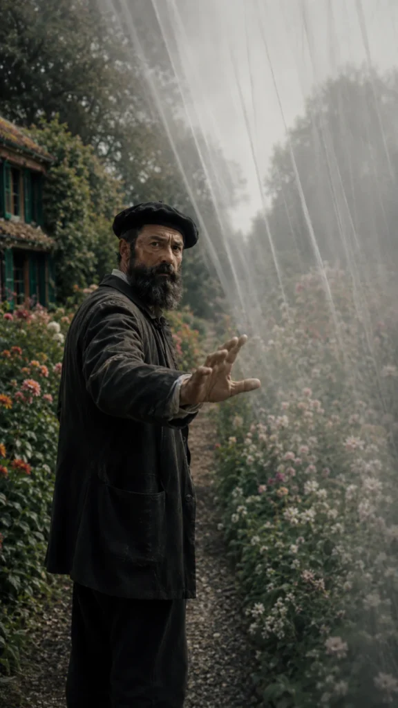 Claude Monet working on several canvases from one series