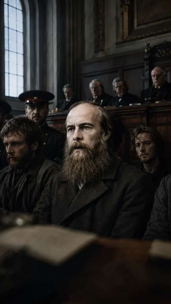 Dostoevsky surrounded by manuscripts of his major novels