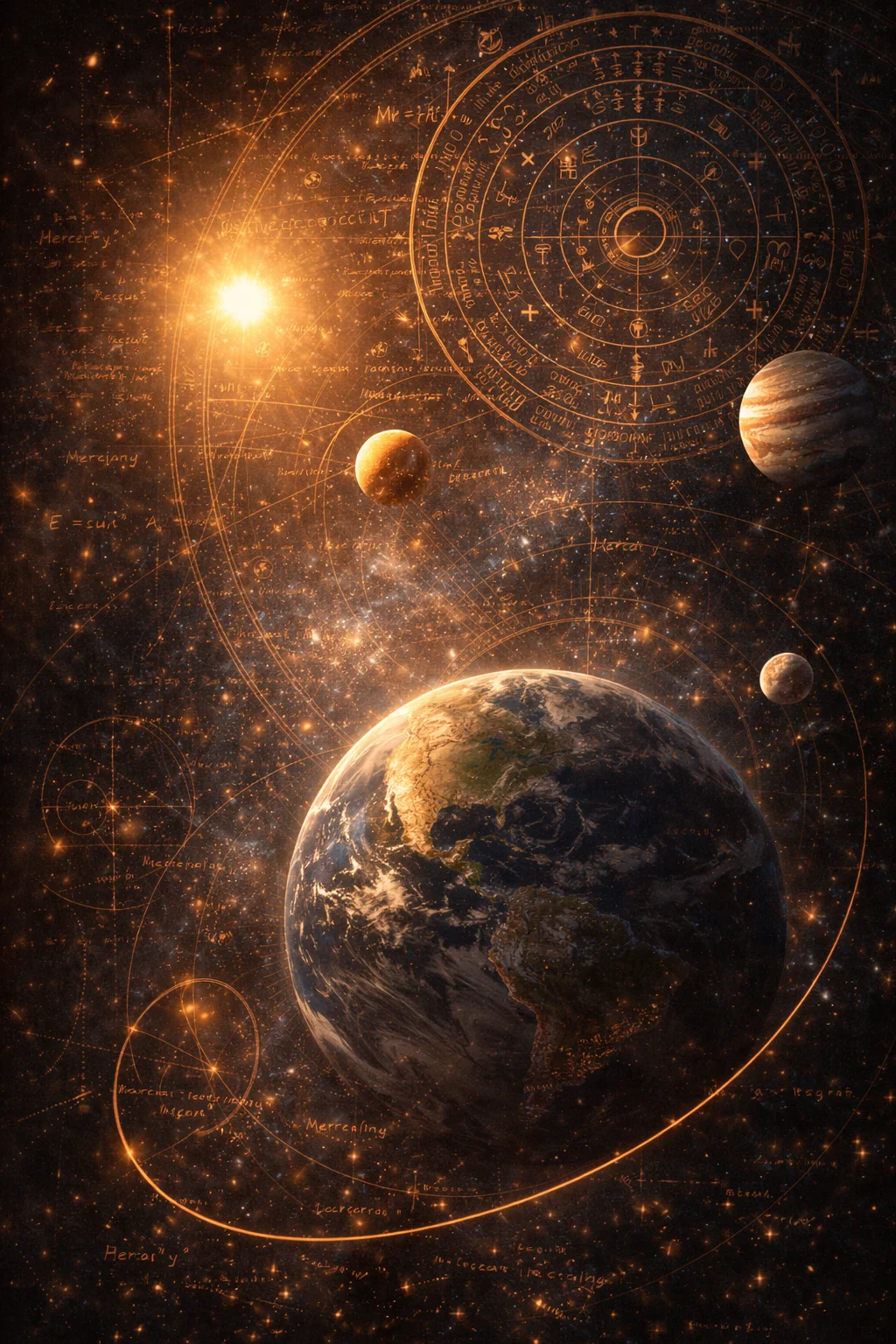 A representation of Earth, Jupiter, and its moons