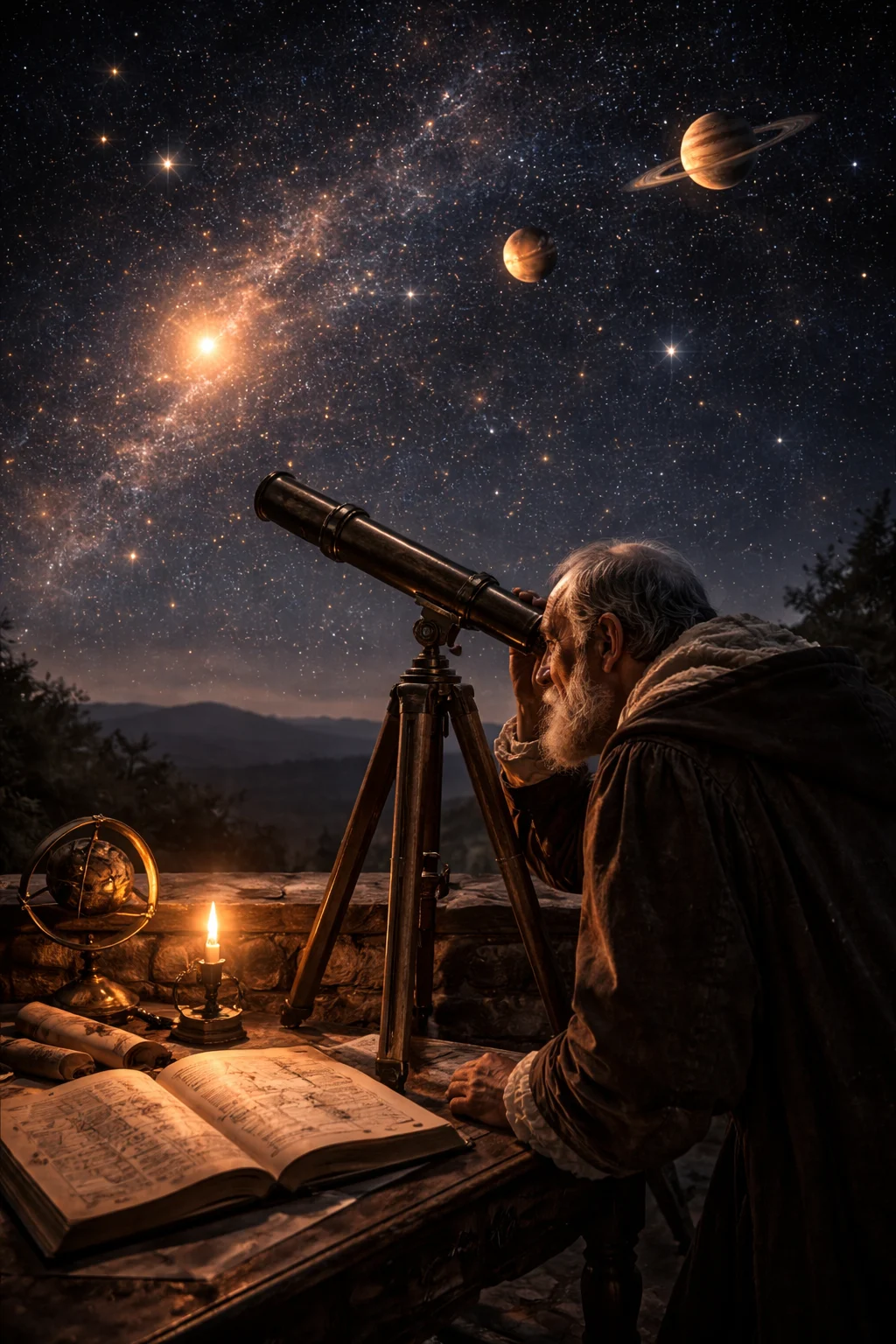 Galileo Galilei observing the sky through a telescope