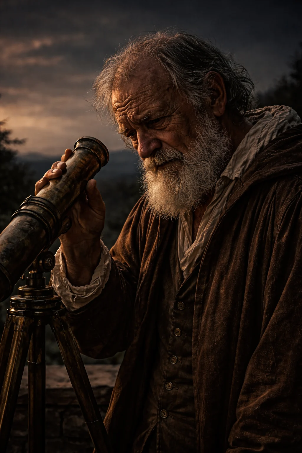 Galileo examining one of his telescopes