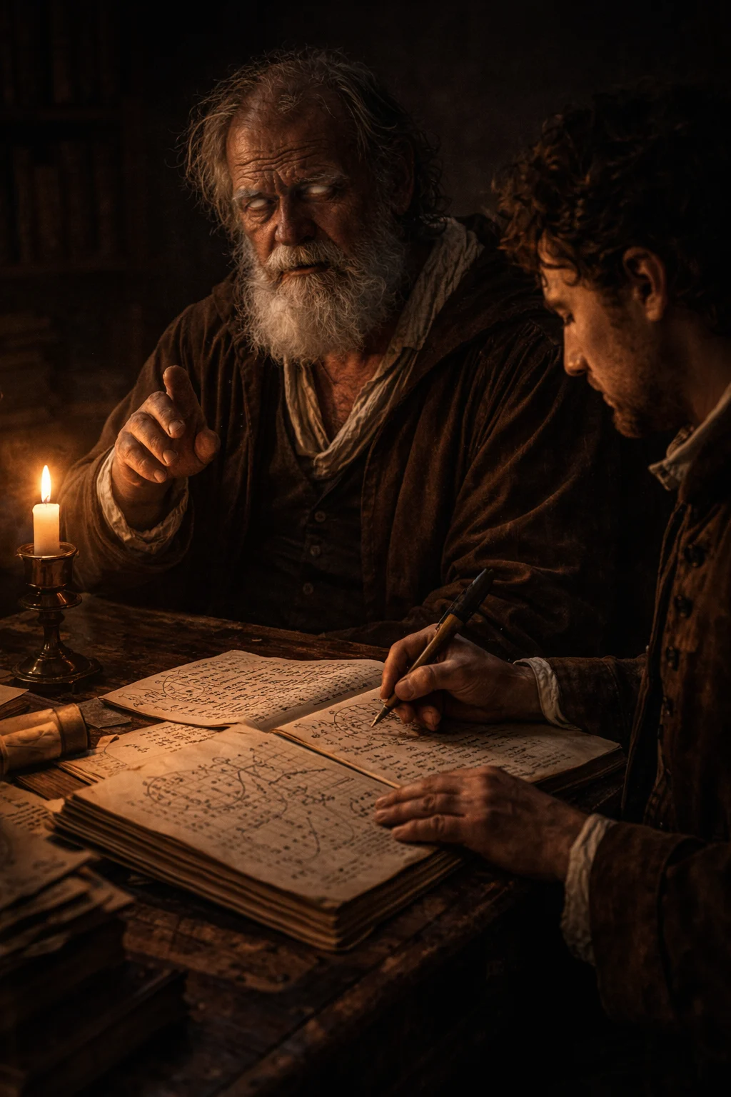 Galileo discussing calculations and manuscripts with a young assistant