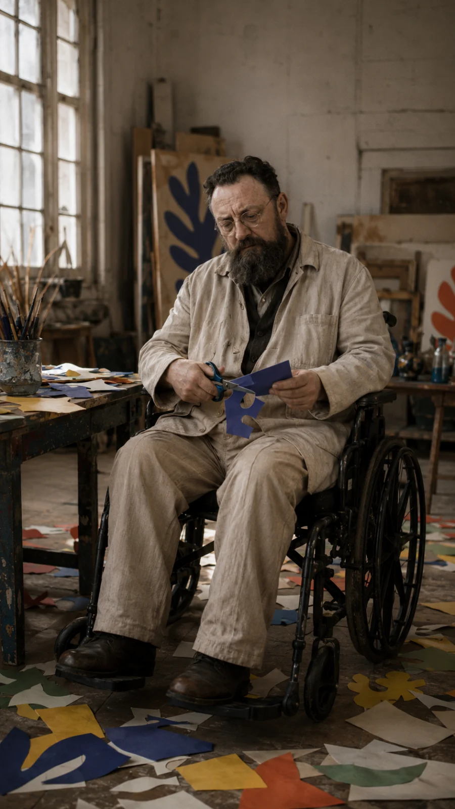 Matisse cuts blue paper from his wheelchair