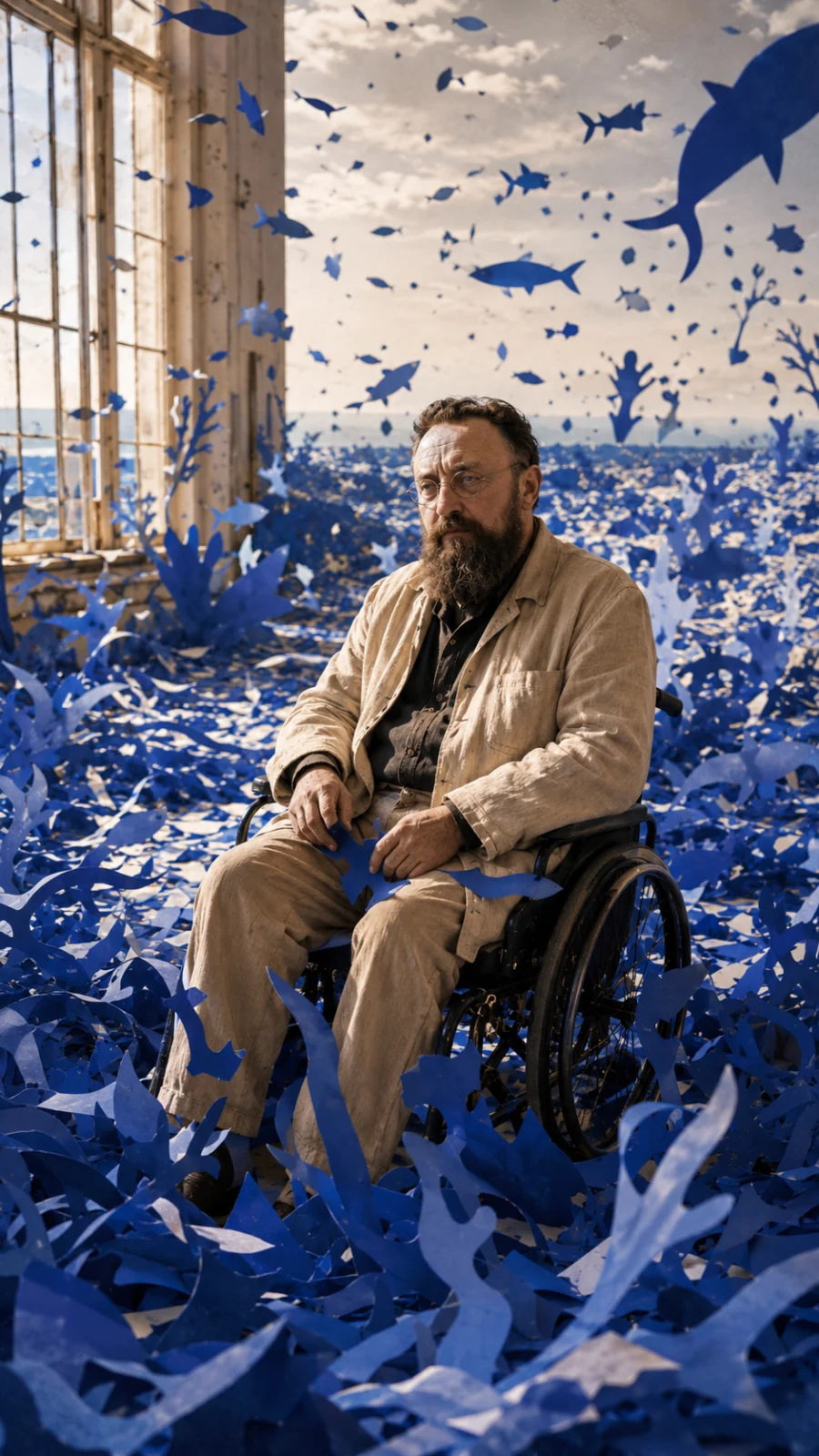 Henri Matisse surrounded by blue cut-out forms