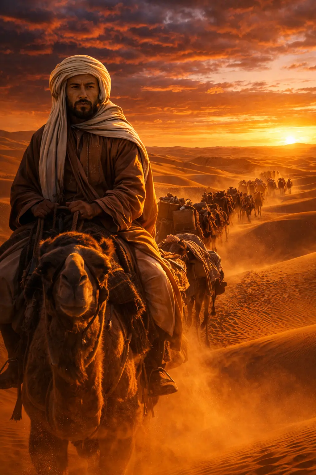 Ibn Battuta leads a caravan through the desert