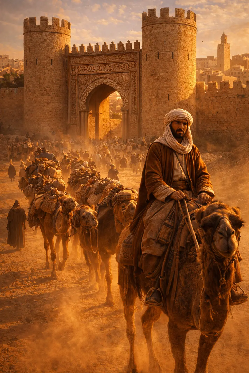 A caravan entering a fortified city during Ibn Battuta's travels