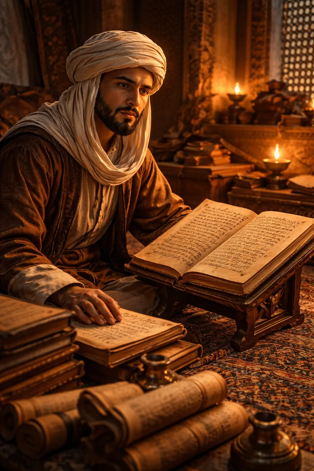 Ibn Battuta studying manuscripts as a jurist