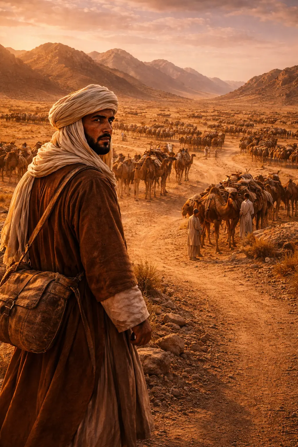 Ibn Battuta observing a vast caravan among mountains