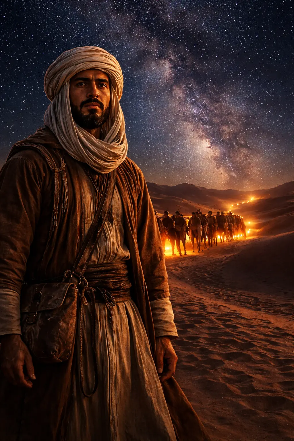 Ibn Battuta looking toward a caravan beneath the night sky