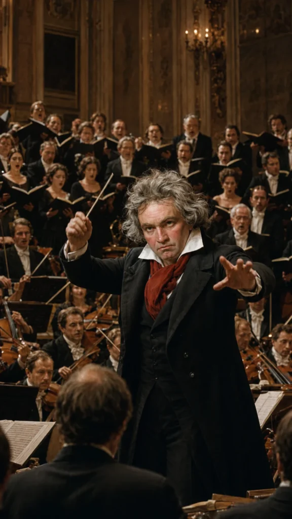 Beethoven en sus últimos años rodeado de partituras