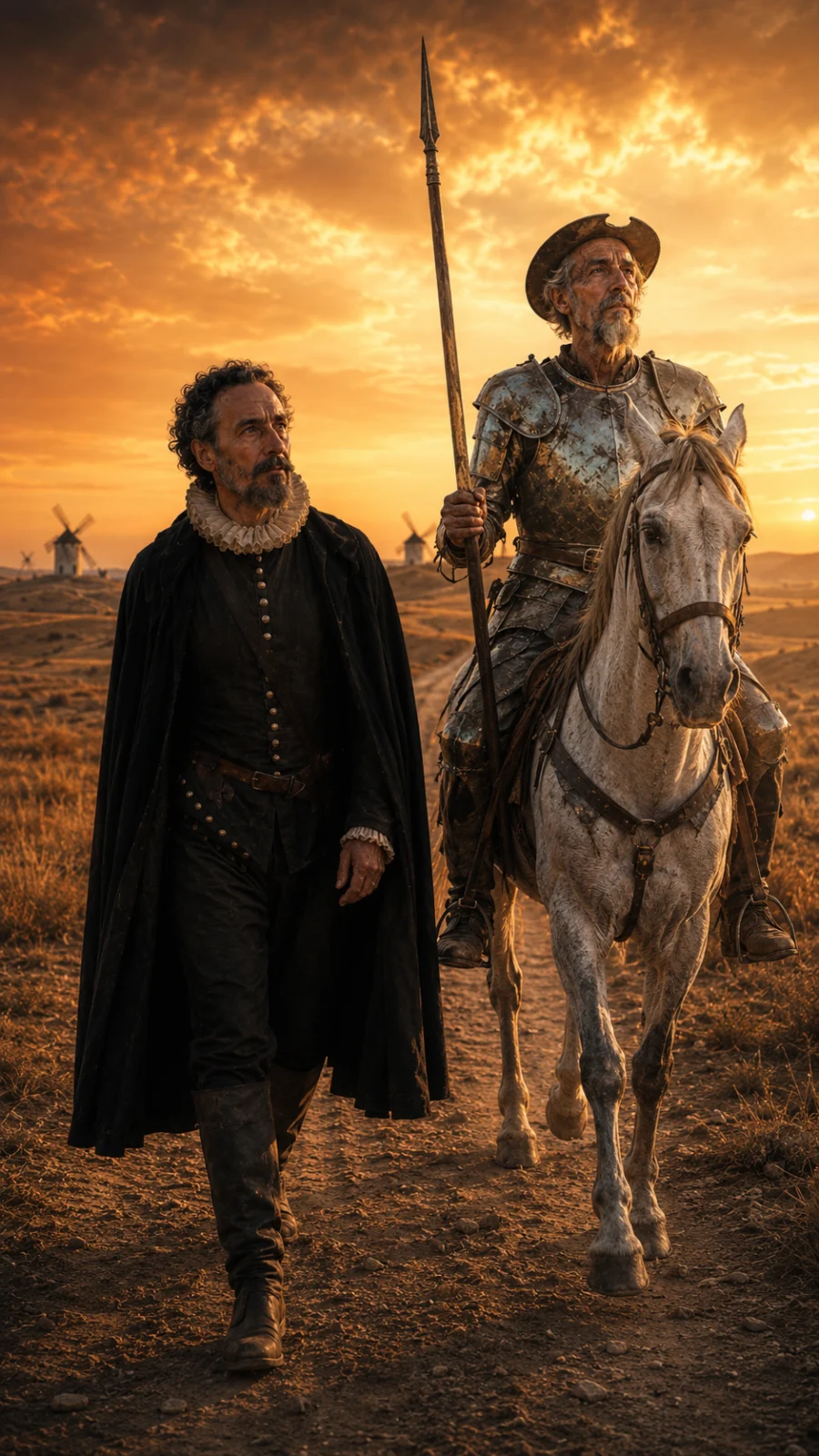 Miguel de Cervantes junto a Don Quijote al atardecer