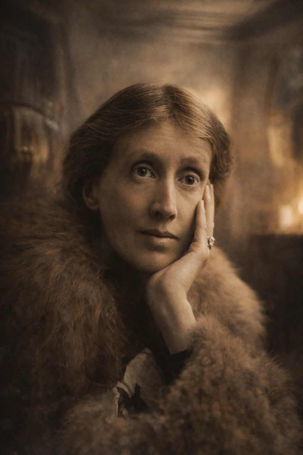 Virginia Woolf rodeada de libros y manuscritos