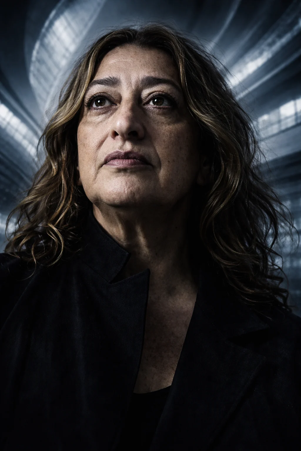 Portrait of Zaha Hadid beneath a contemporary structure