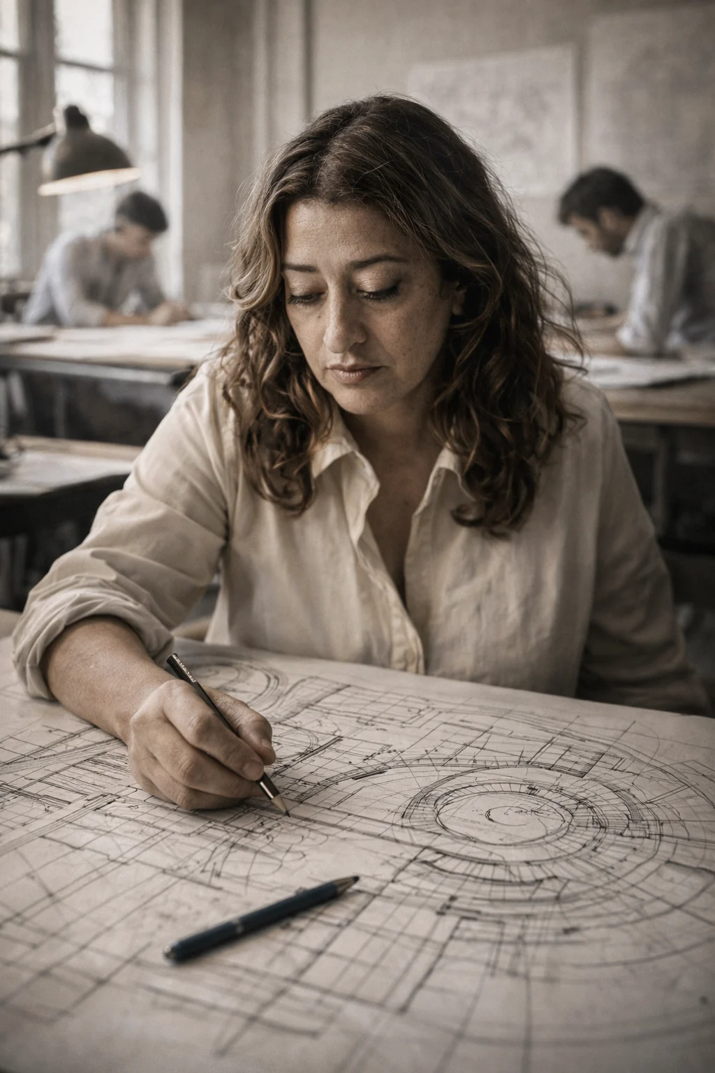 Zaha Hadid drawing in an architecture studio