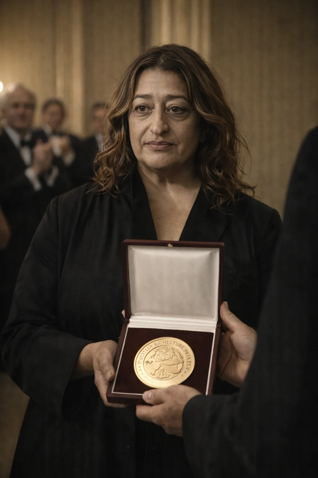 Zaha Hadid holding an architectural medal