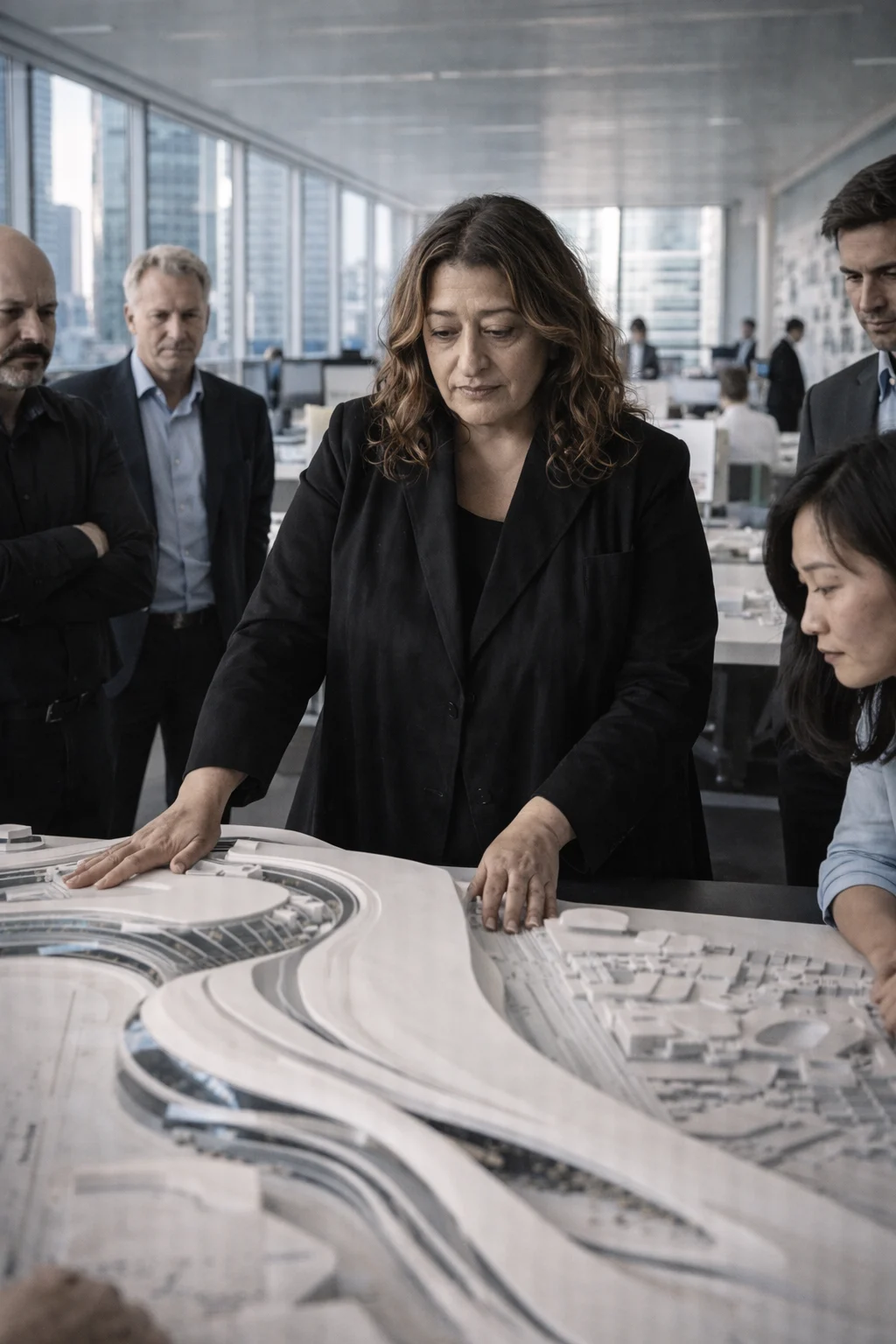 Zaha Hadid reviewing an architectural model