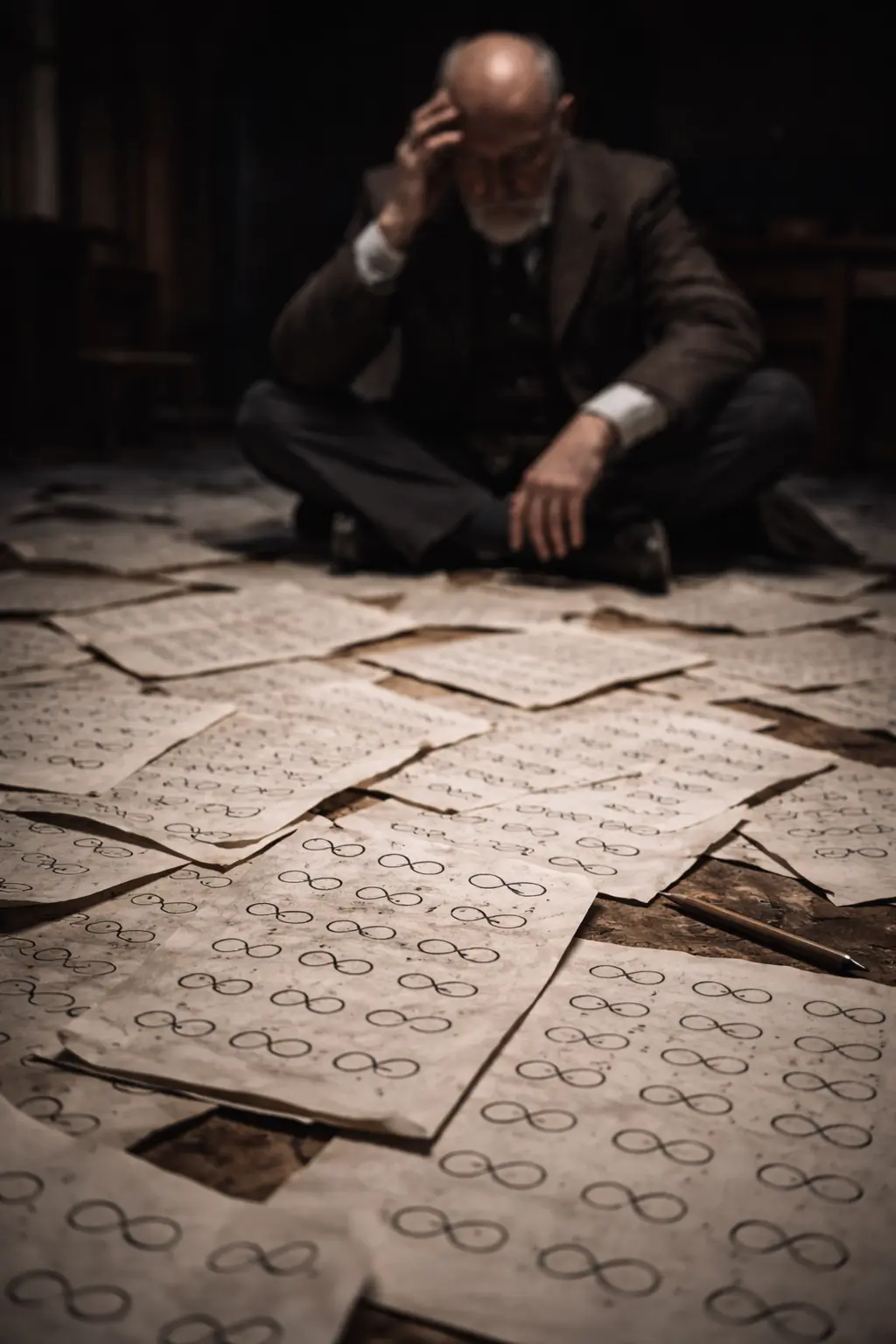 Georg Cantor trabajando entre manuscritos matemáticos
