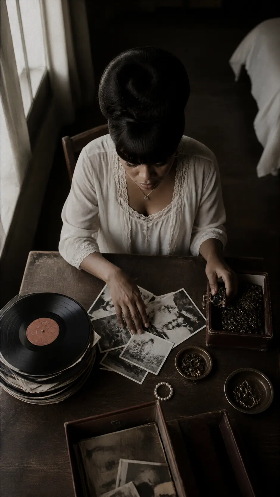 Recreación de La Lupe revisando discos y fotografías de su carrera