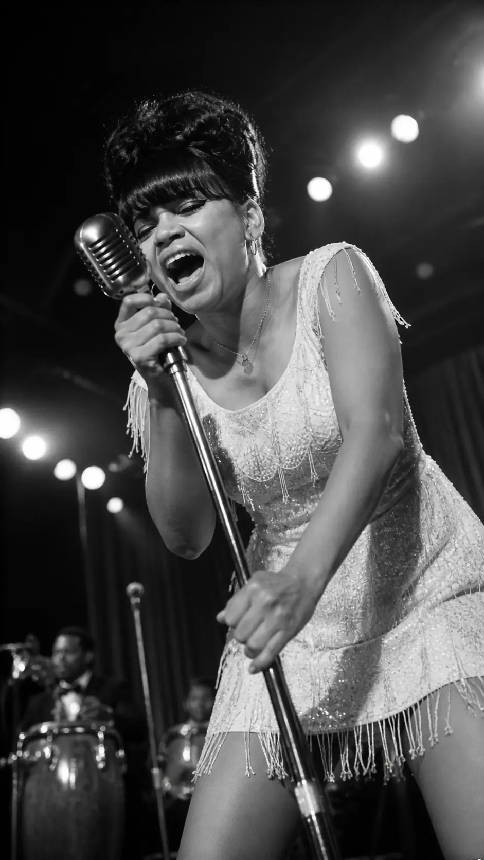 Recreación de La Lupe cantando con intensidad en un escenario de Nueva York