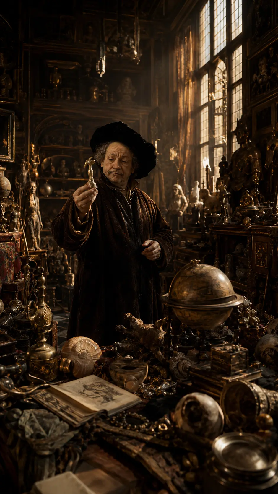 Visual recreation of Rembrandt surrounded by objects from his collection