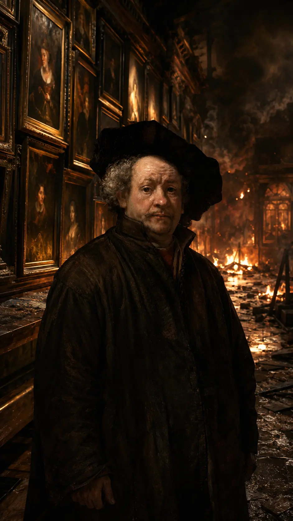 Artistic recreation of Rembrandt in a softly lit gallery