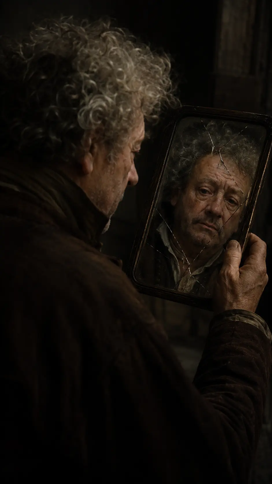 Recreation of an elderly Rembrandt contemplating his reflection