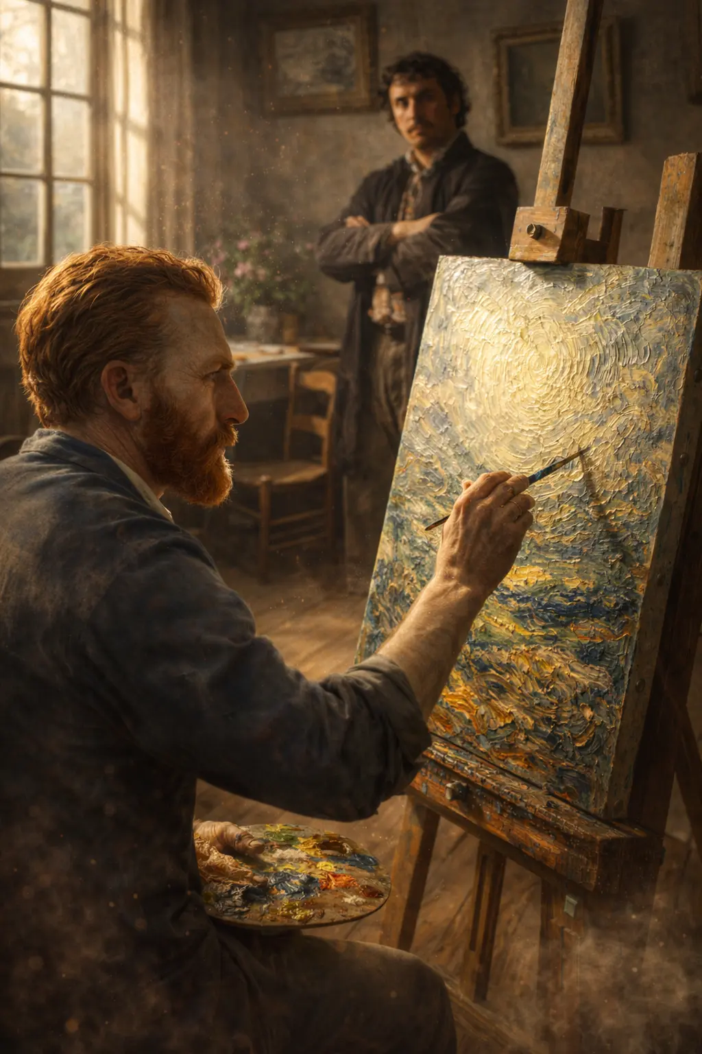 Recreación artística de Vincent van Gogh trabajando ante un caballete