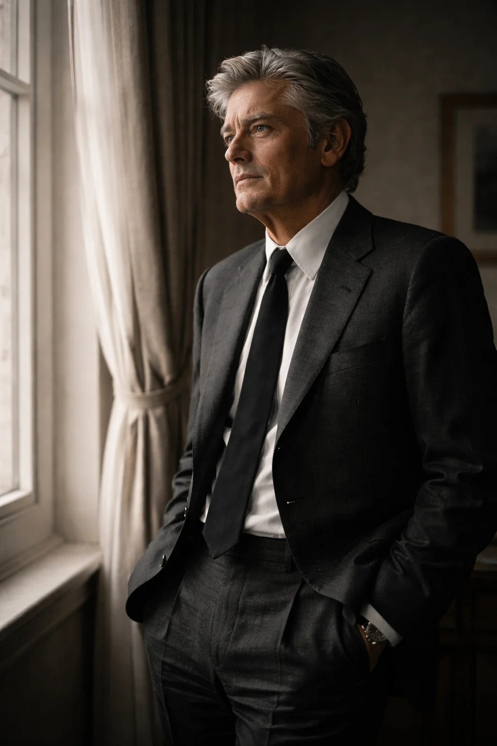 Alain Delon — Reconstrucción visual generada con IA; no es un documento histórico.