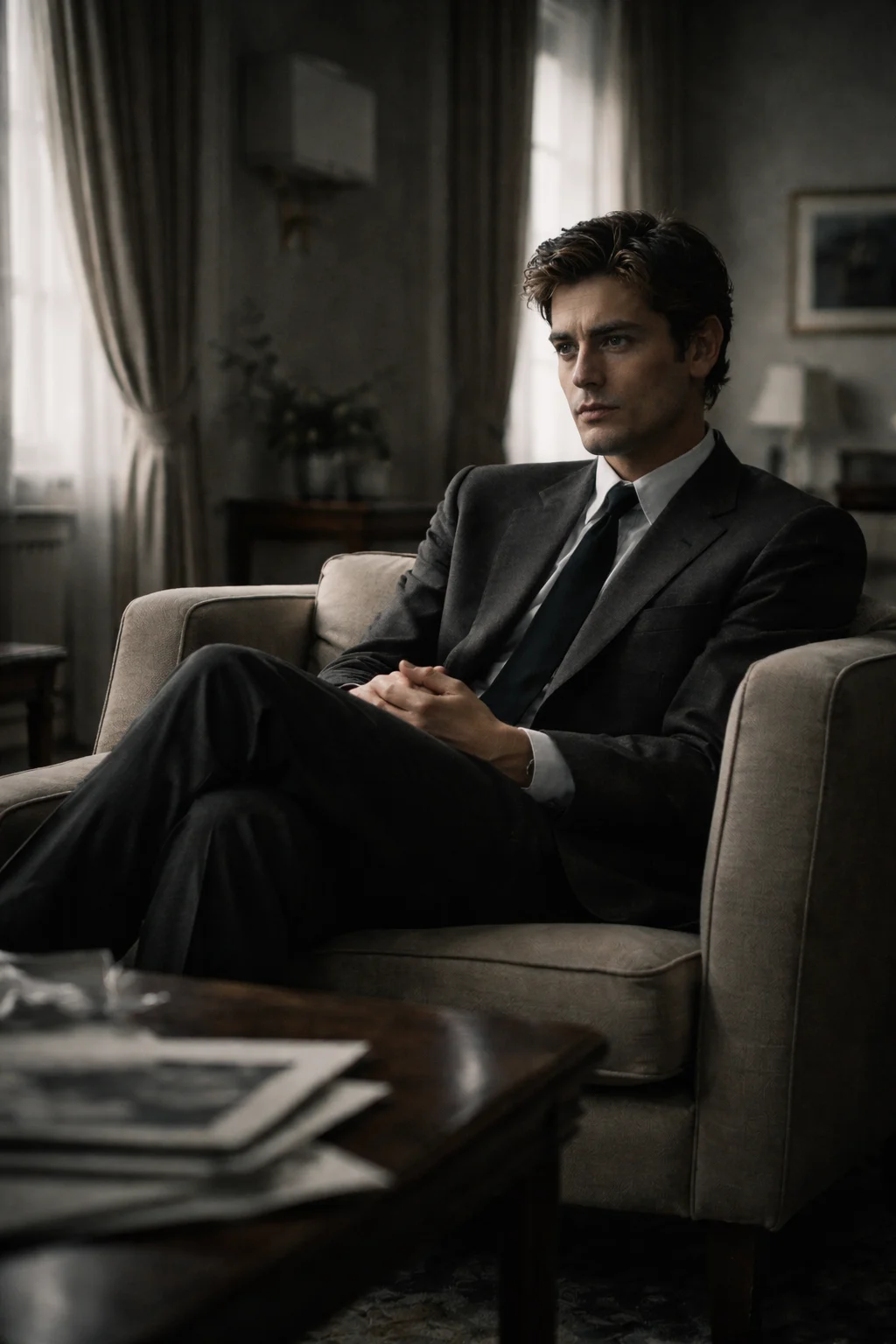 Alain Delon — Reconstrucción visual generada con IA; no es un documento histórico.