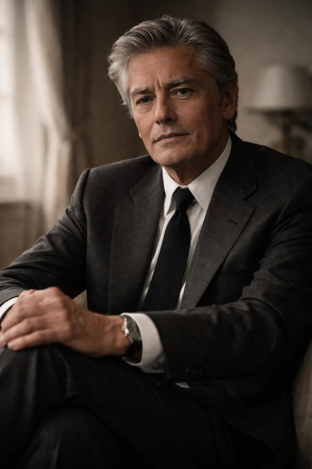 Alain Delon — Reconstrucción visual generada con IA; no es un documento histórico.