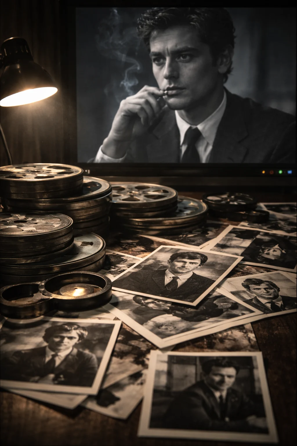 Alain Delon — Reconstrucción visual generada con IA; no es un documento histórico.