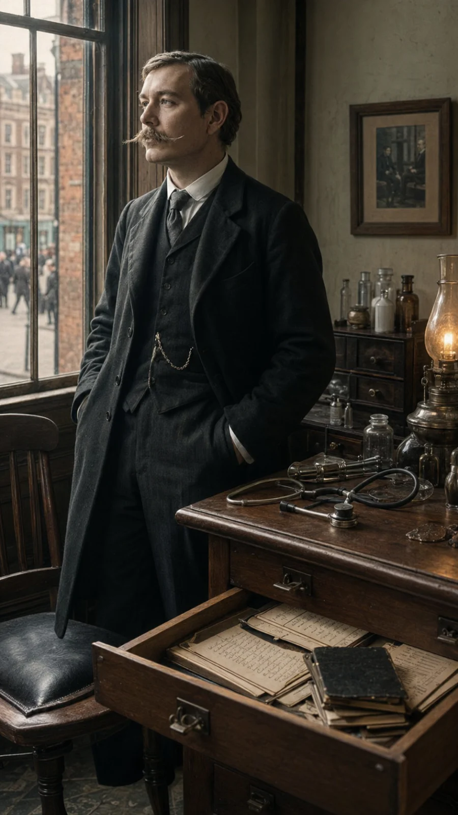 Arthur Conan Doyle — Reconstrucción visual generada con IA; no es un documento histórico.