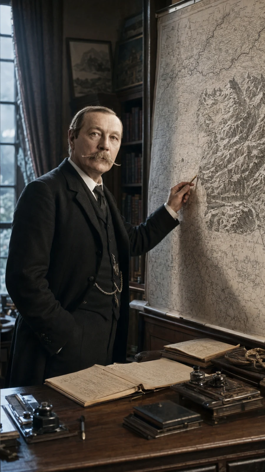 Arthur Conan Doyle — Reconstrucción visual generada con IA; no es un documento histórico.