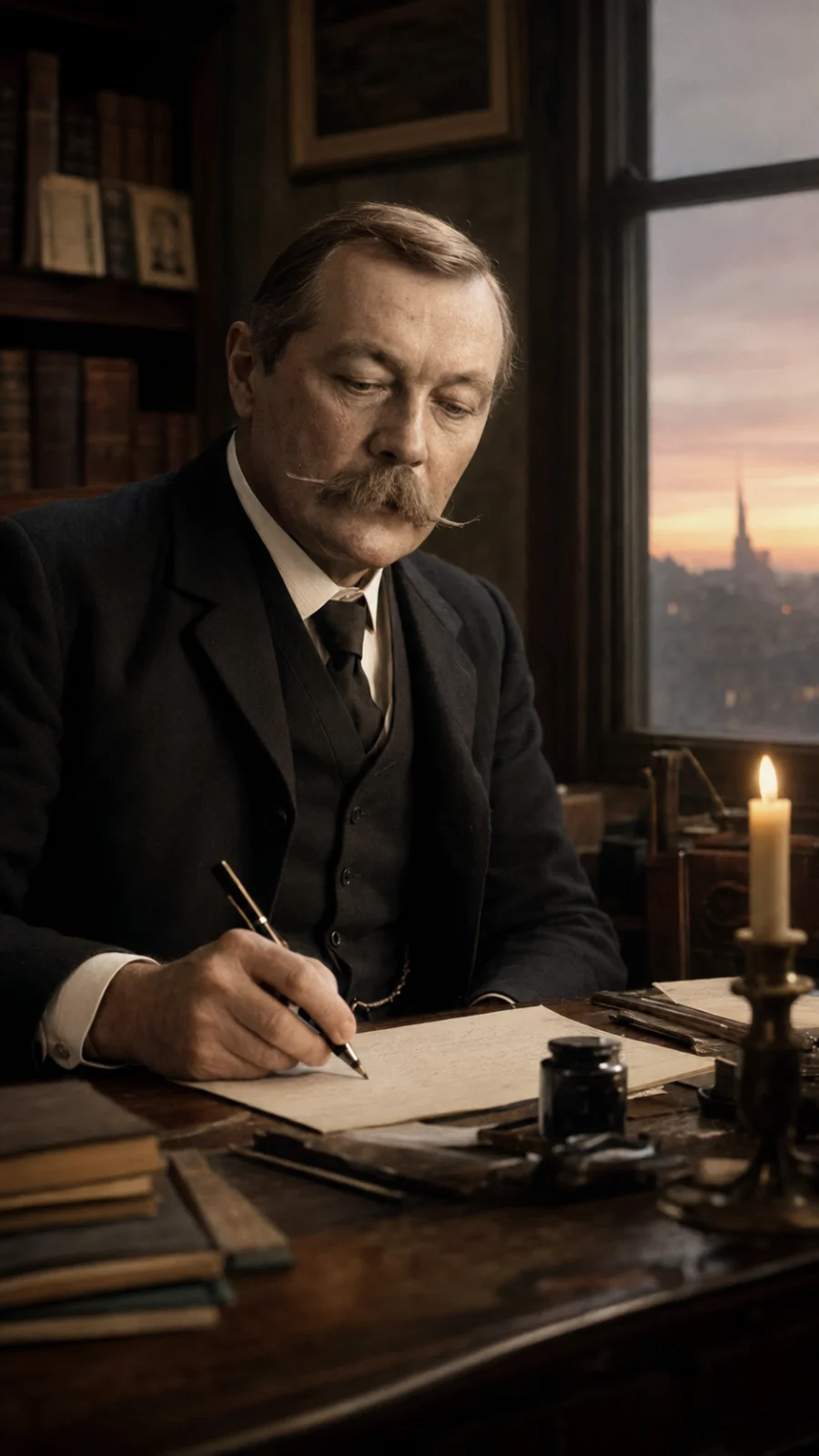 Arthur Conan Doyle — Reconstrucción visual generada con IA; no es un documento histórico.