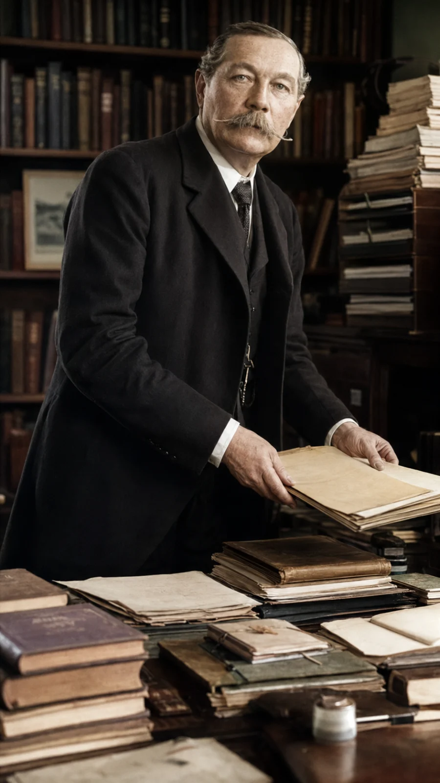 Arthur Conan Doyle — Reconstrucción visual generada con IA; no es un documento histórico.