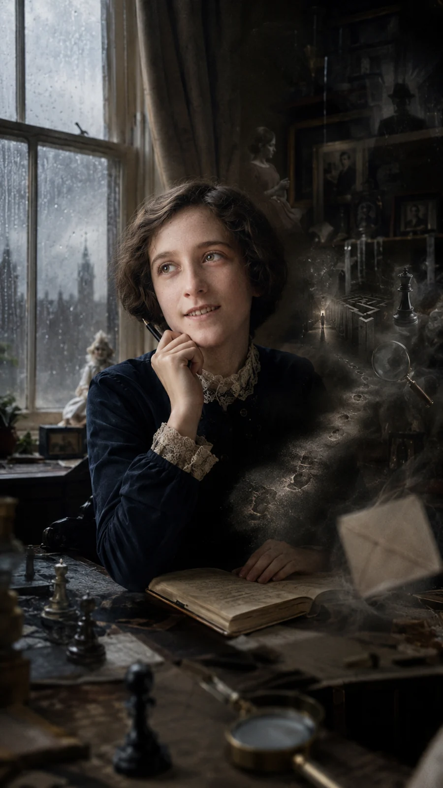 Agatha Christie beside books and a window — AI-generated illustration