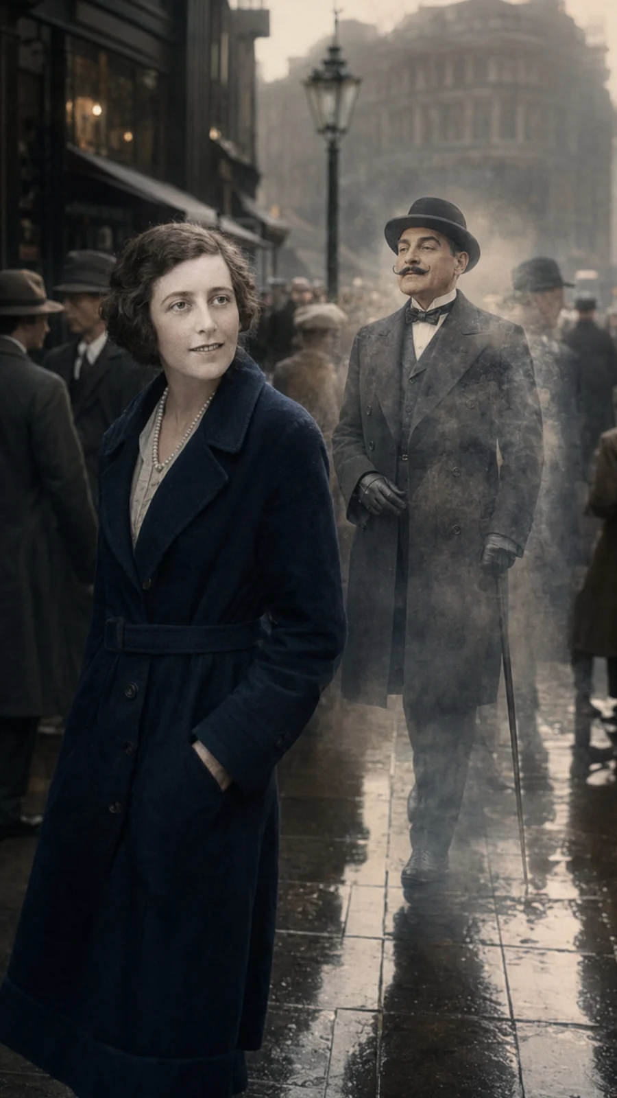 Agatha Christie walking through a city — AI-generated illustration