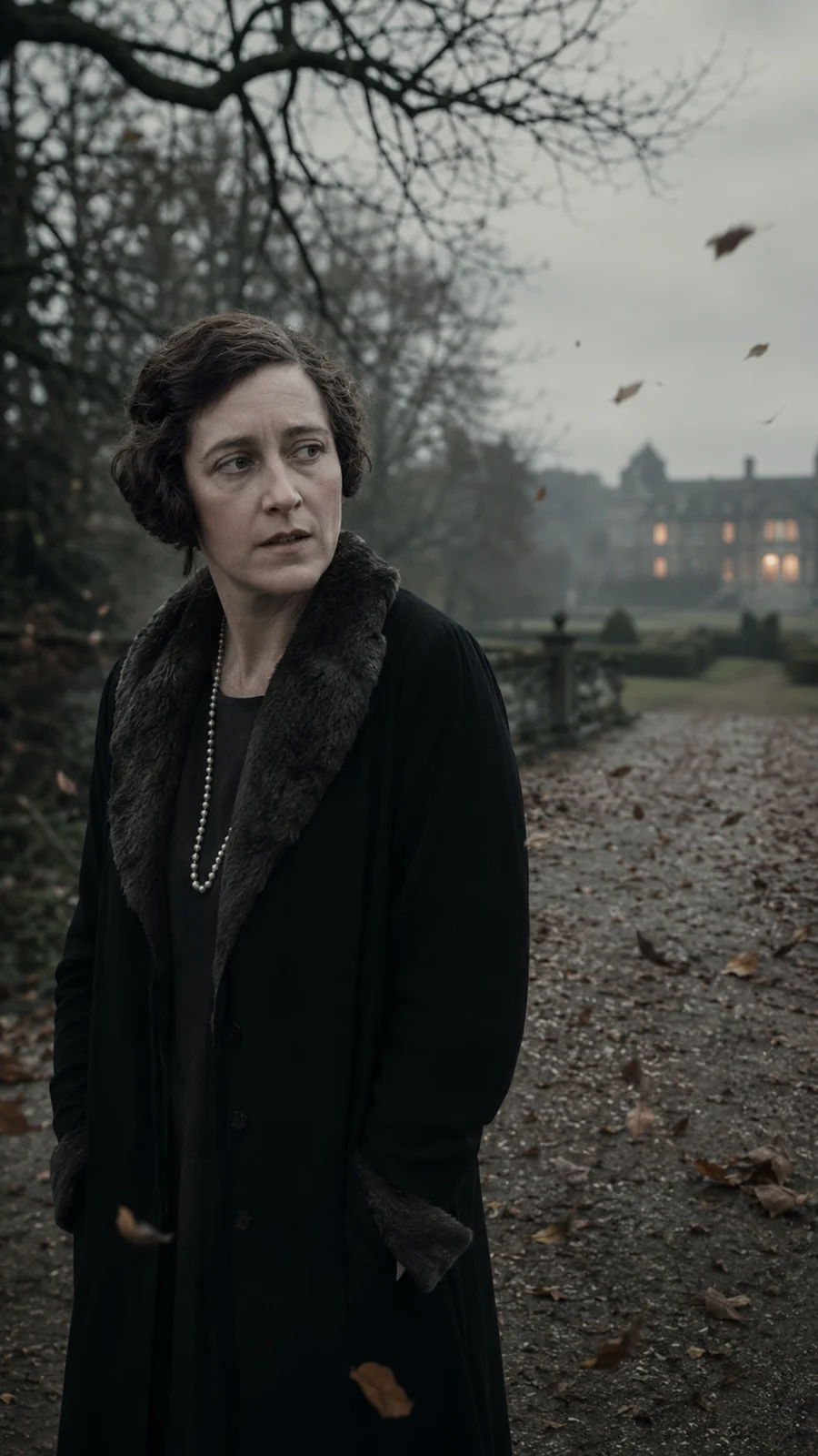 Agatha Christie in a wintry landscape — AI-generated illustration