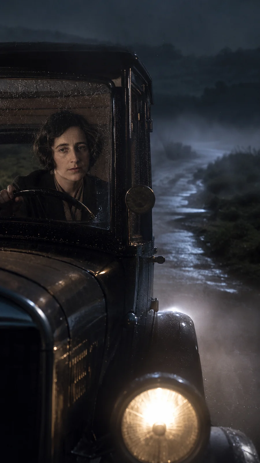 Imagined scene of Christie in a period car — AI-generated illustration