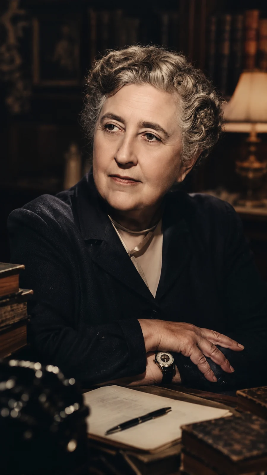 Imagined portrait of Christie at her desk — AI-generated illustration