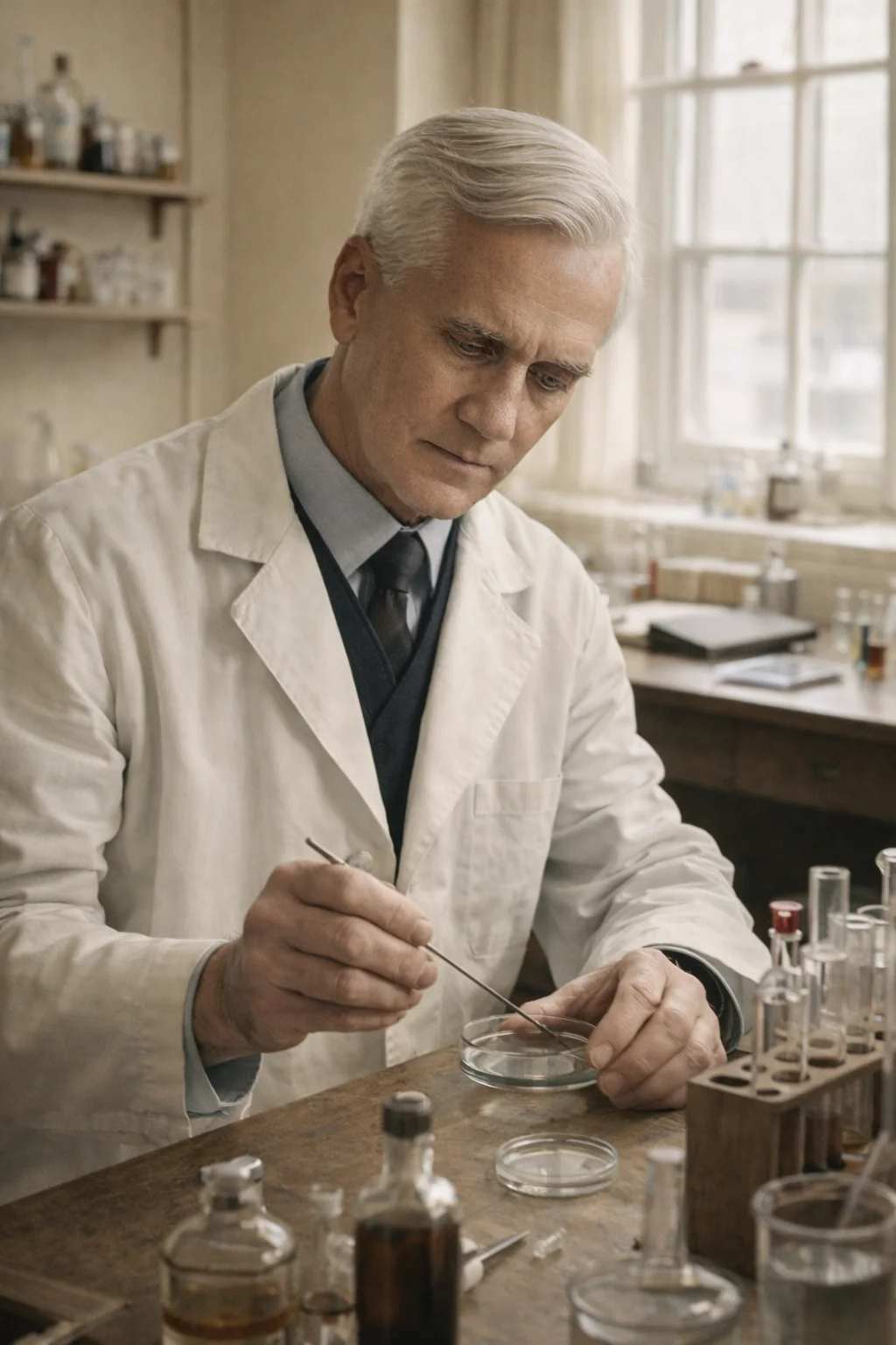 Fleming depicted working in a laboratory. AI-generated artistic recreation; not a historical photograph.