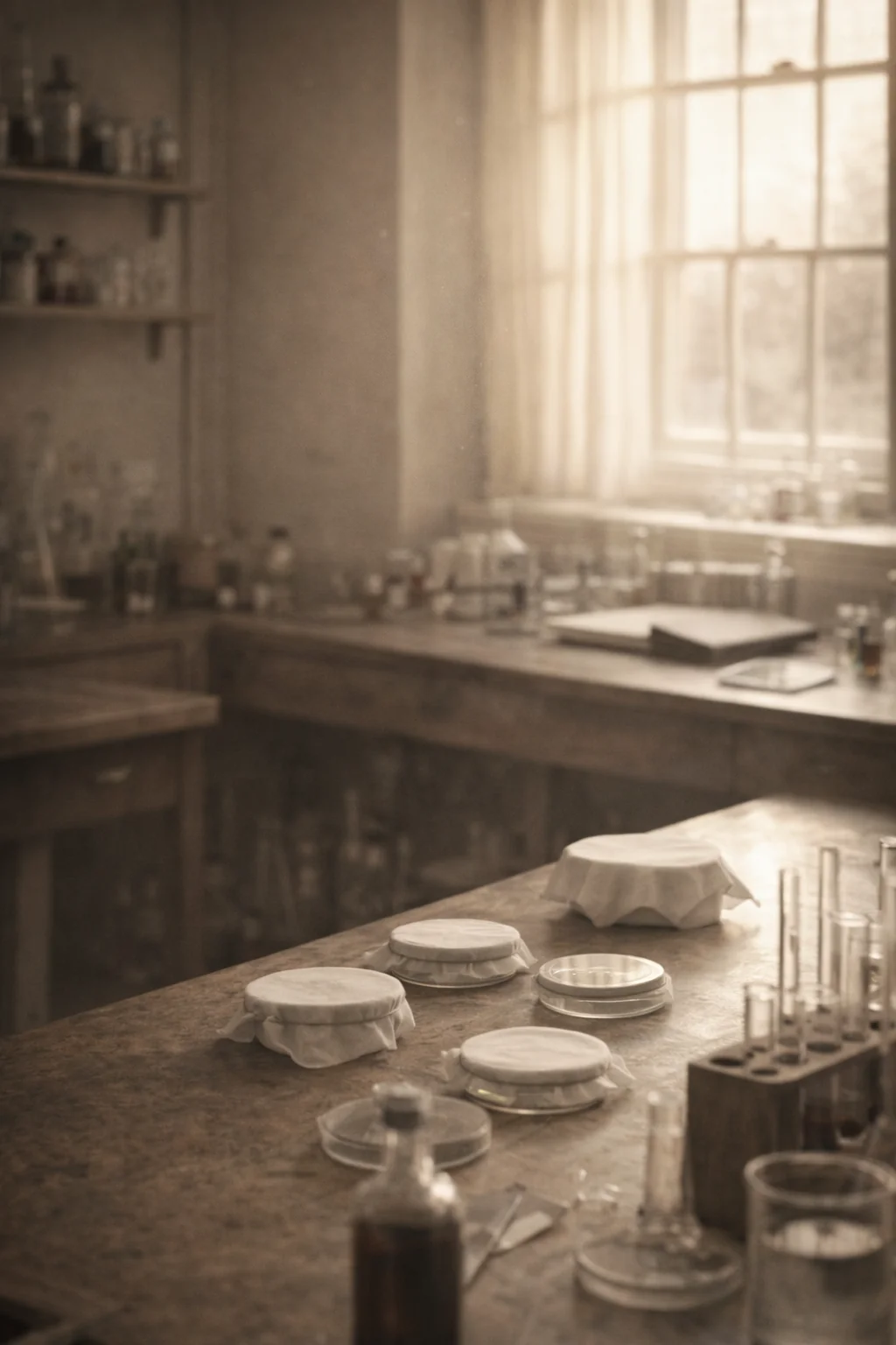 Recreation of a laboratory with culture plates. AI-generated artistic recreation; not a historical photograph.
