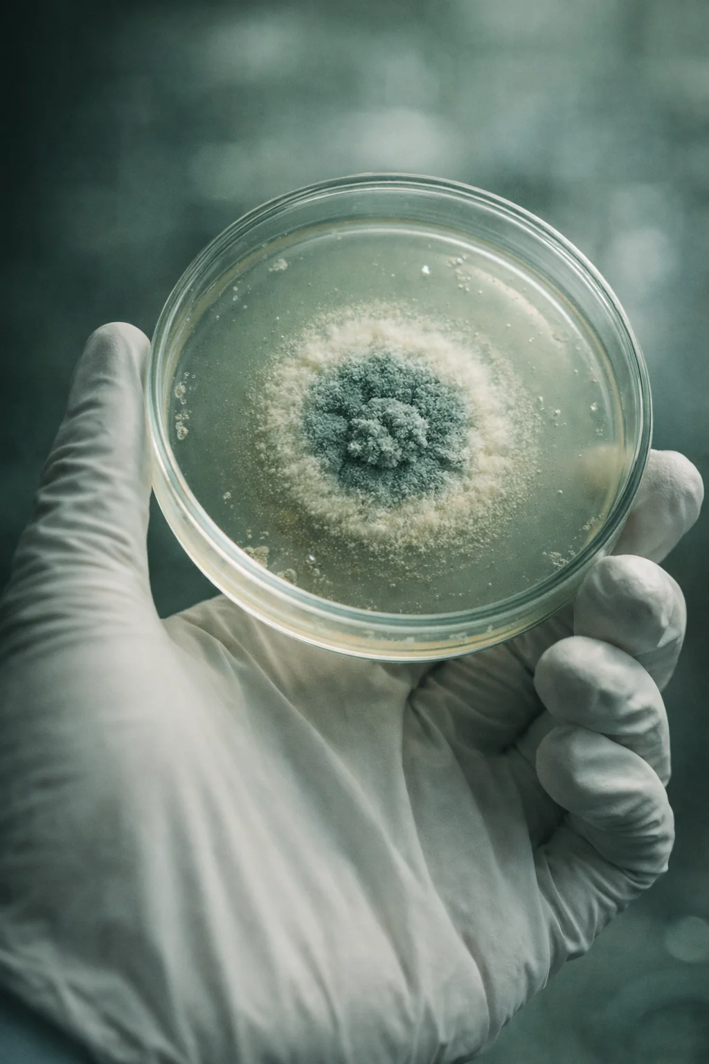Illustration of a plate containing mold. AI-generated artistic recreation; not a historical photograph.