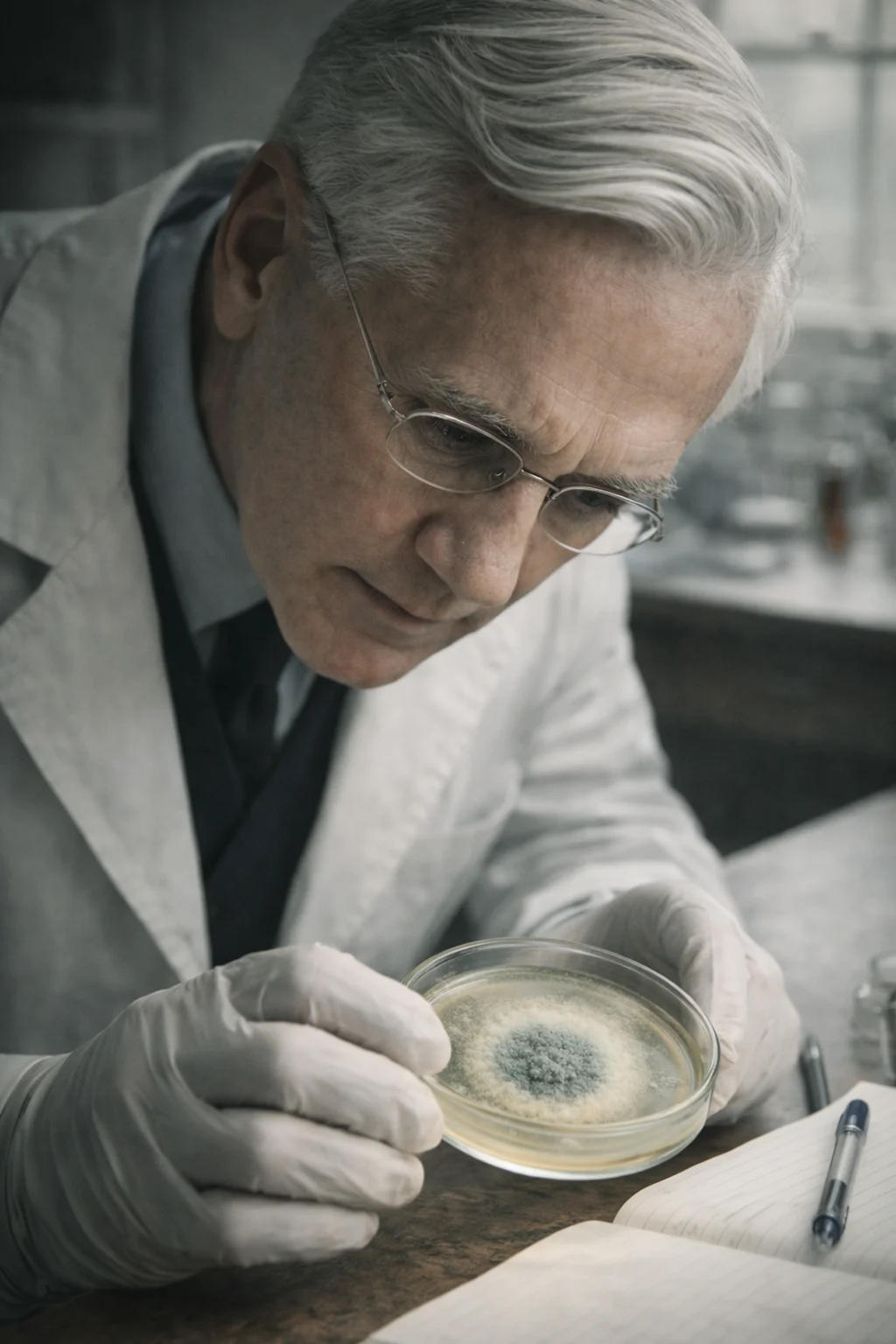 Fleming depicted observing a culture plate. AI-generated artistic recreation; not a historical photograph.
