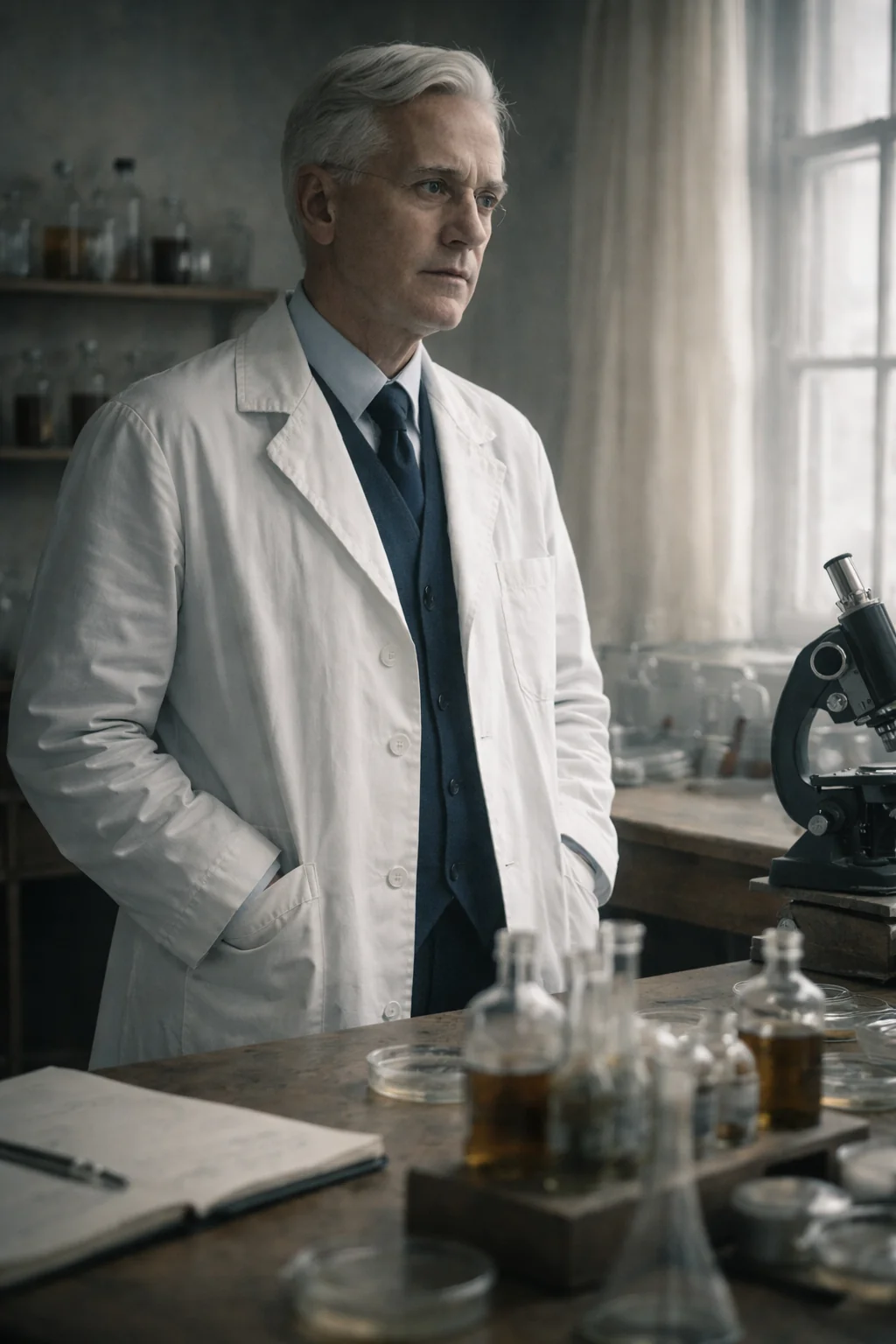 Artistic portrait of Fleming beside a laboratory. AI-generated artistic recreation; not a historical photograph.