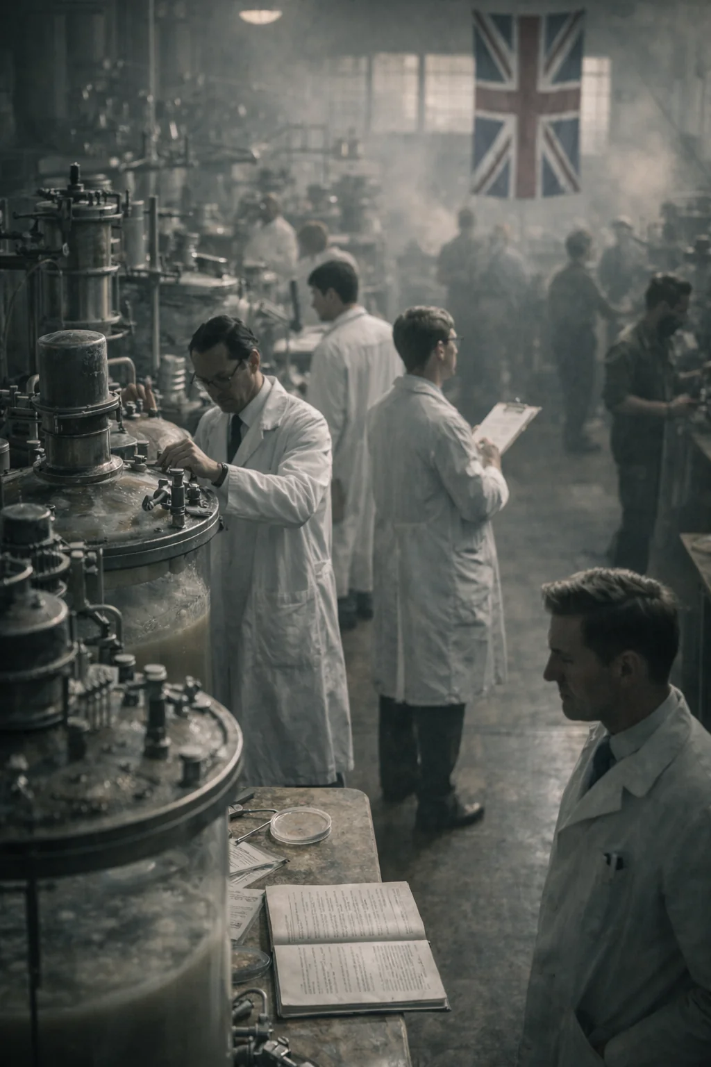 Depiction of collective work producing penicillin. AI-generated artistic recreation; not a historical photograph.