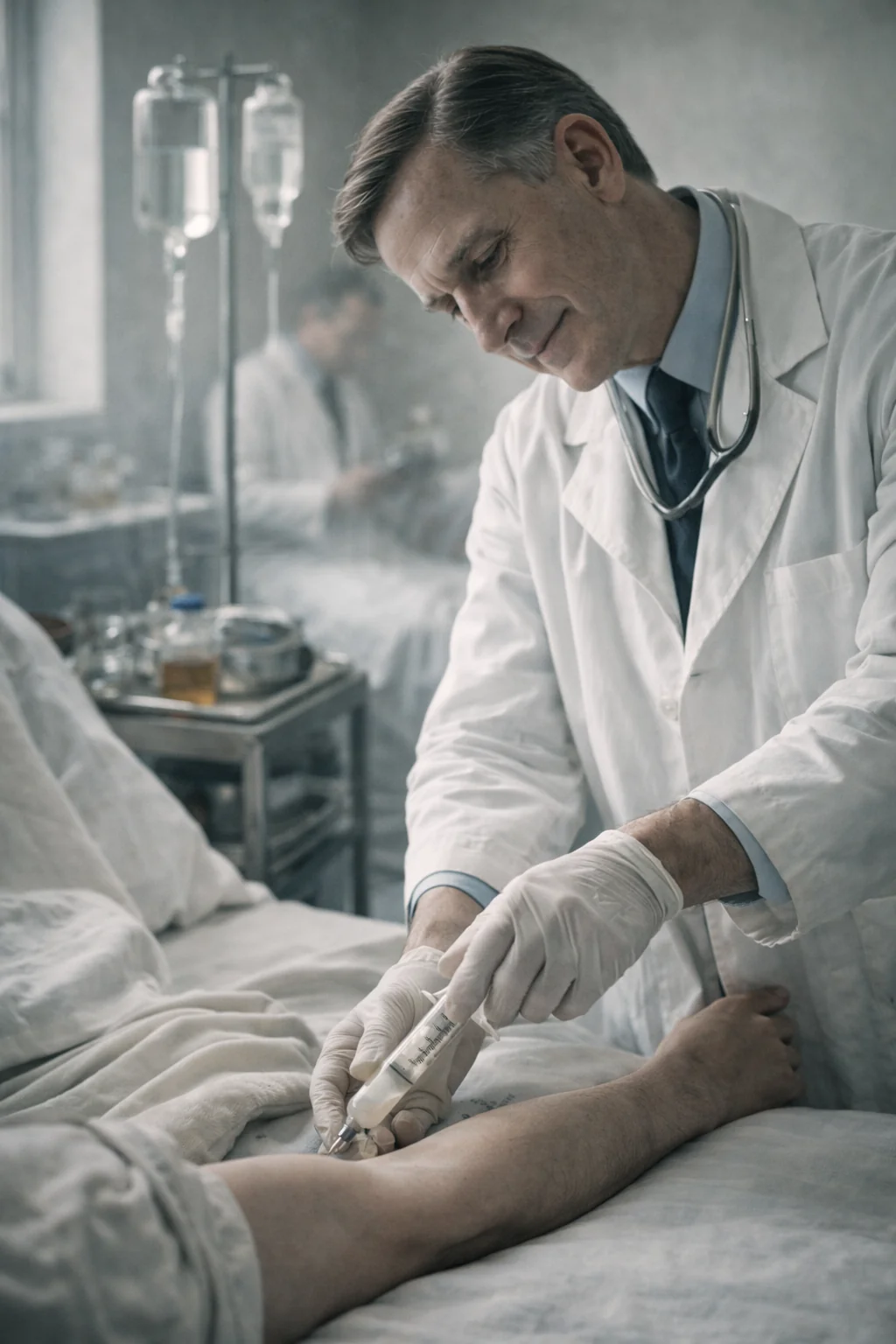 Illustrative medical care scene; not an identified patient. AI-generated artistic recreation; not a historical photograph.