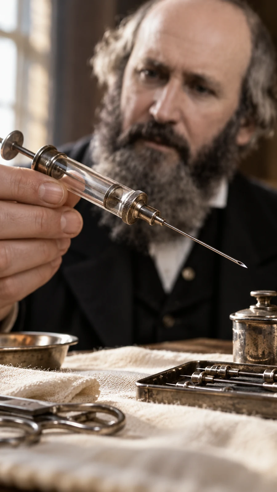 Wood examining a historical syringe — IA