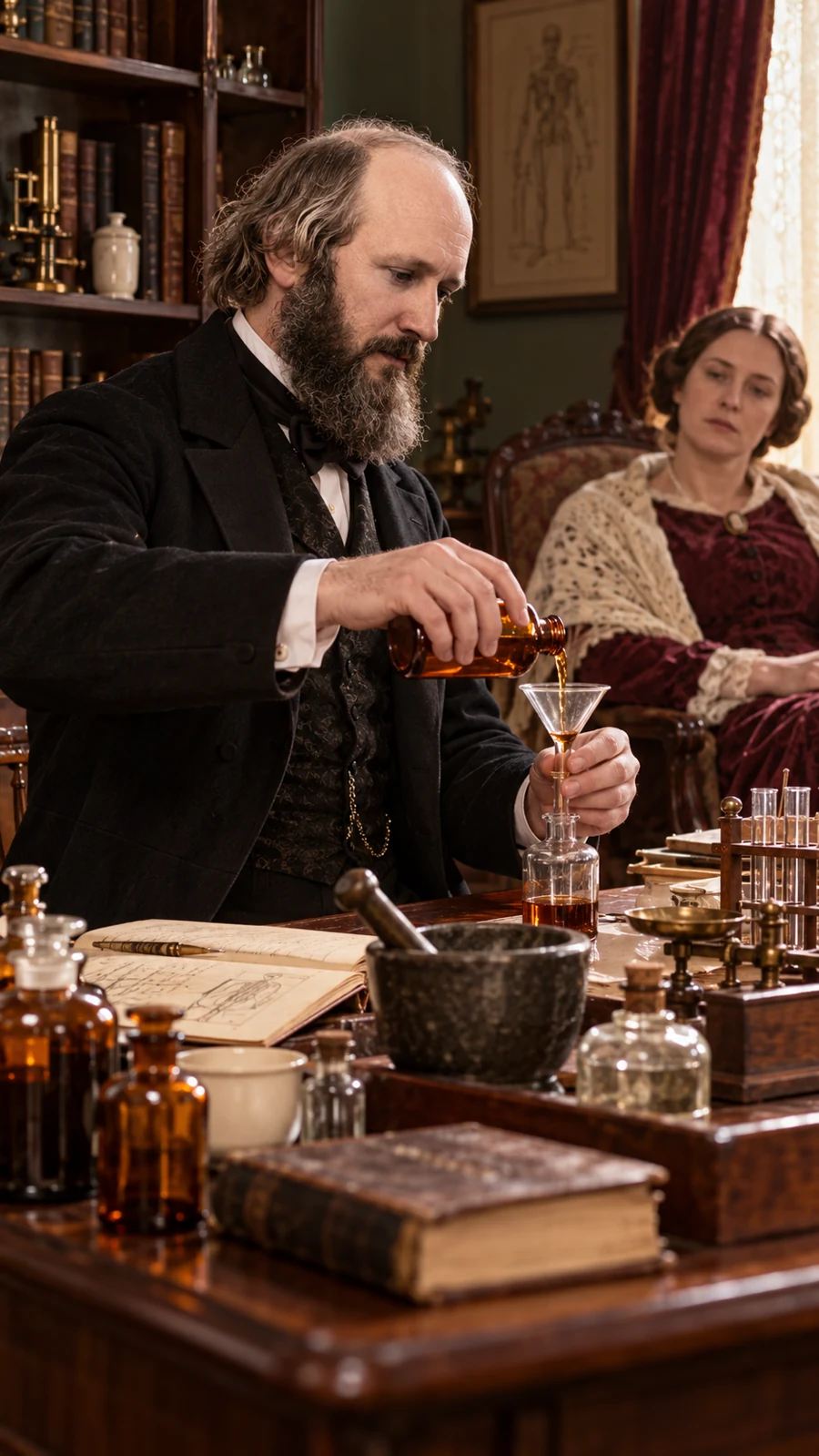 Preparing a solution in a Victorian consulting room — IA